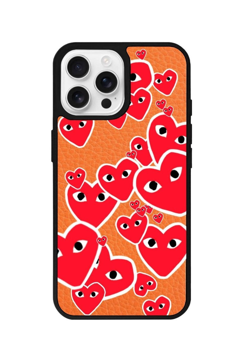 iPhone 16 Pro Hearts Leather Vegan Deri Telefon Kılıfı Turuncu - SUMTHINCS