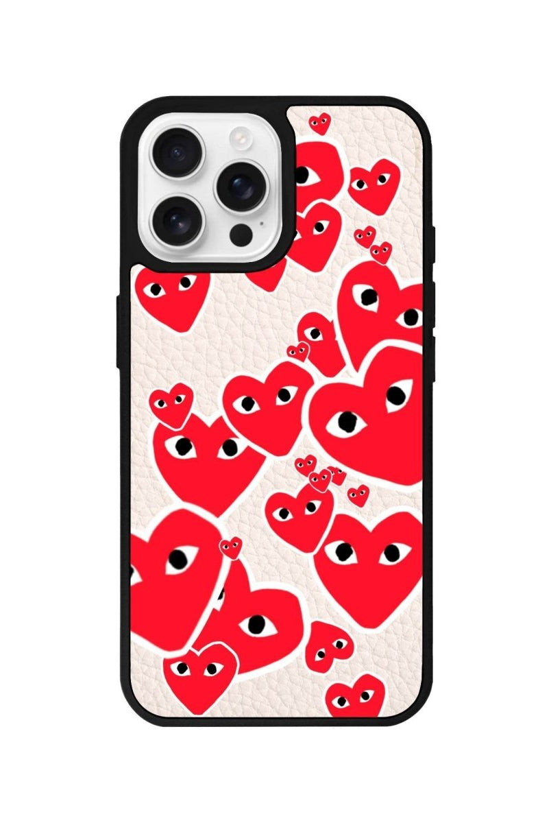 iPhone 16 Pro Hearts Leather Vegan Deri Telefon Kılıfı Bej - SUMTHINCS