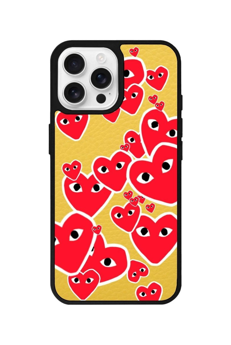 iPhone 16 Pro Hearts Leather Vegan Deri Telefon Kılıfı Sarı - SUMTHINCS