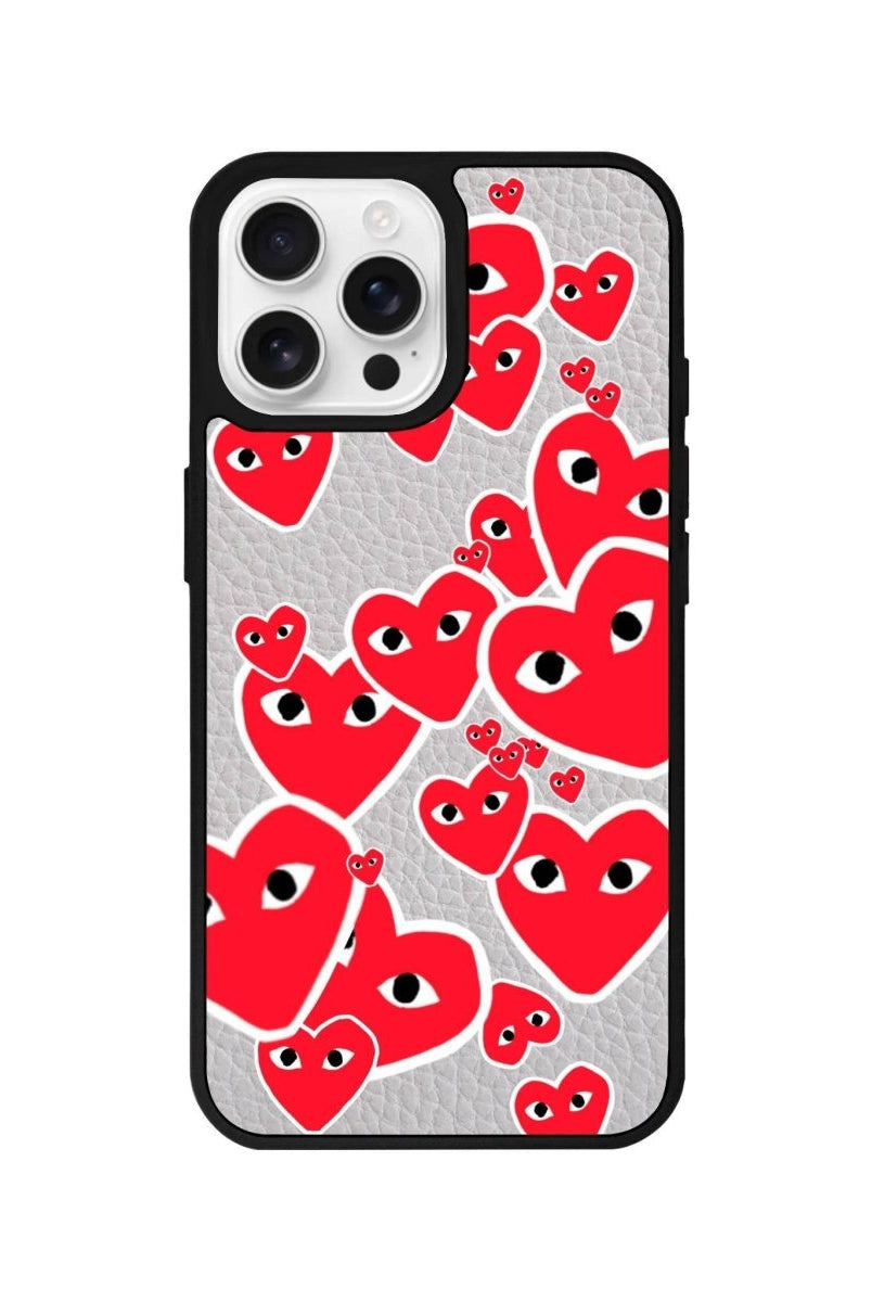 iPhone 16 Pro Hearts Leather Vegan Deri Telefon Kılıfı Gri - SUMTHINCS