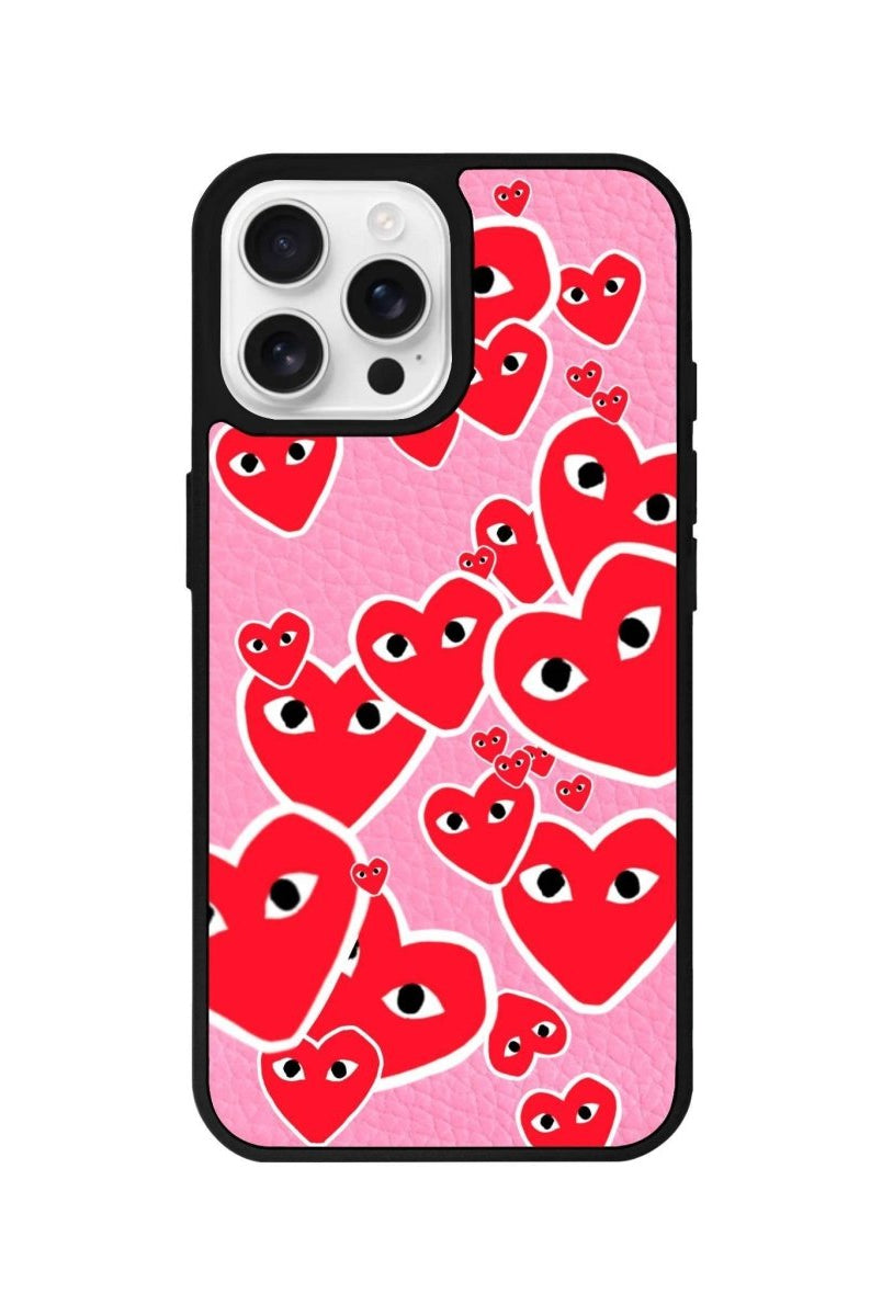 iPhone 16 Pro Hearts Leather Vegan Deri Telefon Kılıfı Pembe - SUMTHINCS