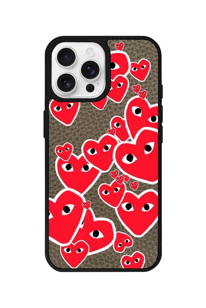 iPhone 16 Pro Hearts Leather Vegan Deri Telefon Kılıfı Haki - SUMTHINCS