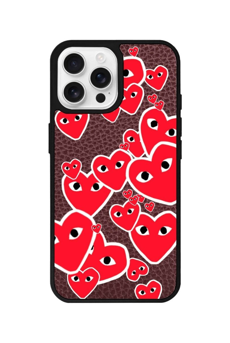 iPhone 16 Pro Hearts Leather Vegan Deri Telefon Kılıfı Bordo - SUMTHINCS