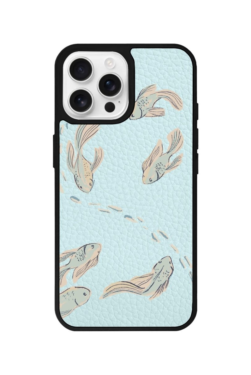 iPhone 16 Pro Koi Fish Leather Vegan Deri Telefon Kılıfı Açık Mavi - SUMTHINCS