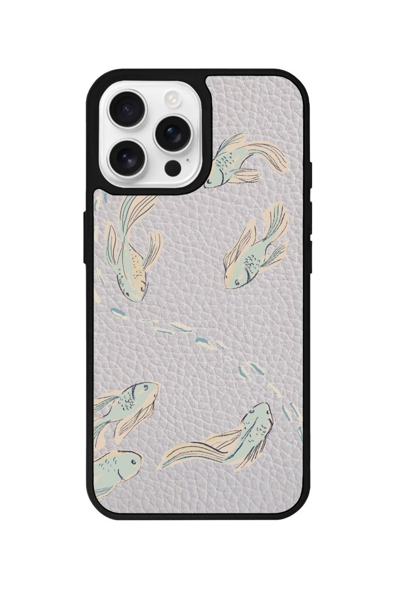 iPhone 16 Pro Koi Fish Leather Vegan Deri Telefon Kılıfı Gri - SUMTHINCS