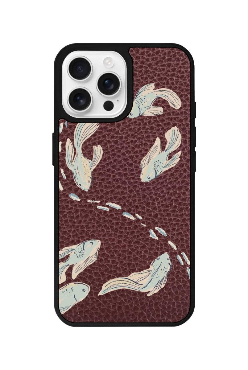 iPhone 16 Pro Koi Fish Leather Vegan Deri Telefon Kılıfı Bordo - SUMTHINCS