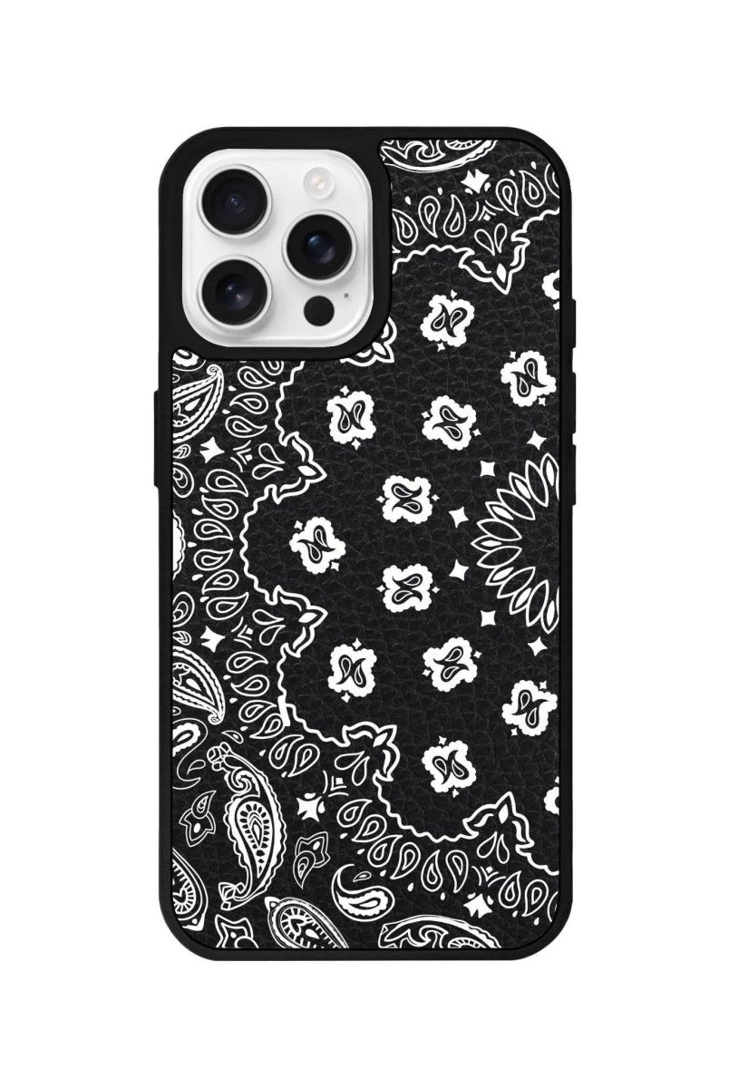 iPhone 16 Pro Paisley Leather Vegan Deri Telefon Kılıfı Siyah - SUMTHINCS