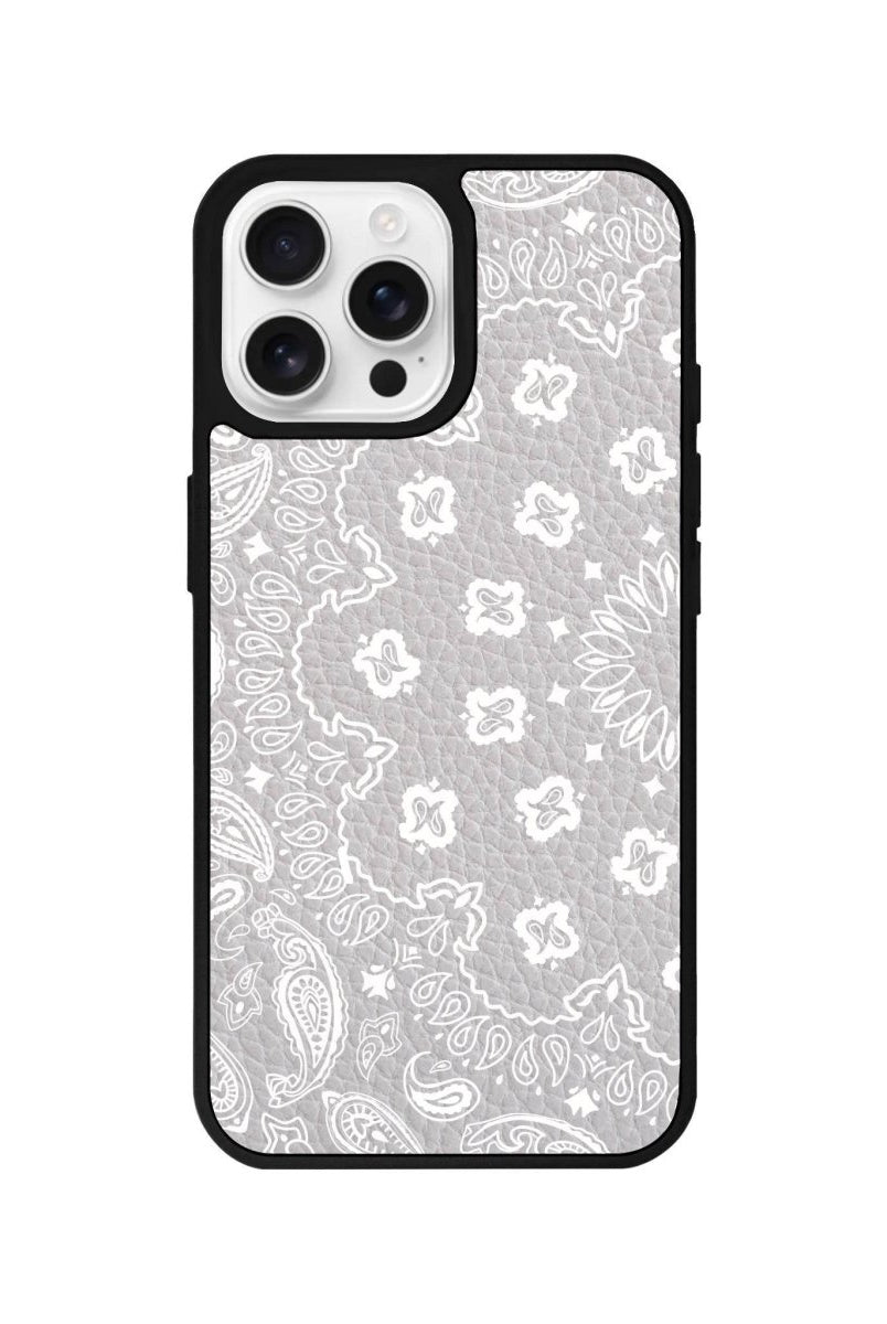 iPhone 16 Pro Paisley Leather Vegan Deri Telefon Kılıfı Gri - SUMTHINCS