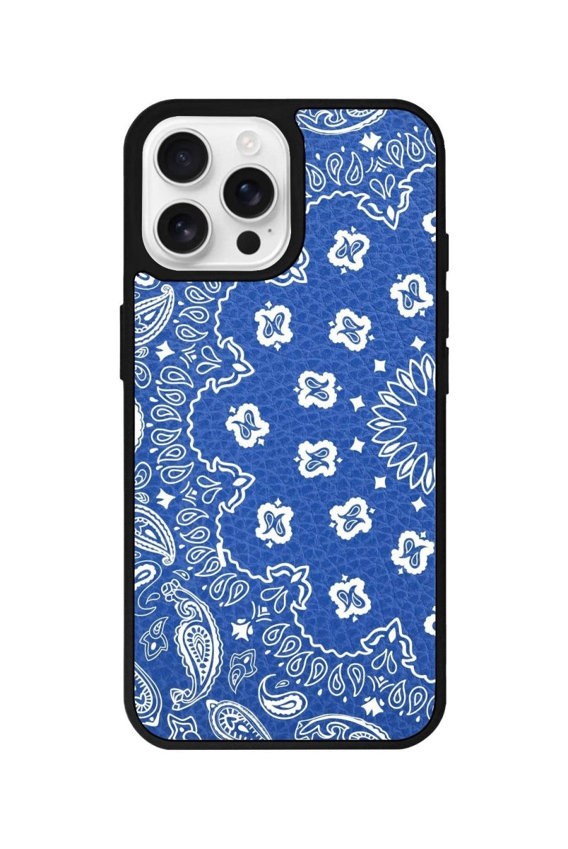 iPhone 16 Pro Paisley Leather Vegan Deri Telefon Kılıfı Mavi - SUMTHINCS