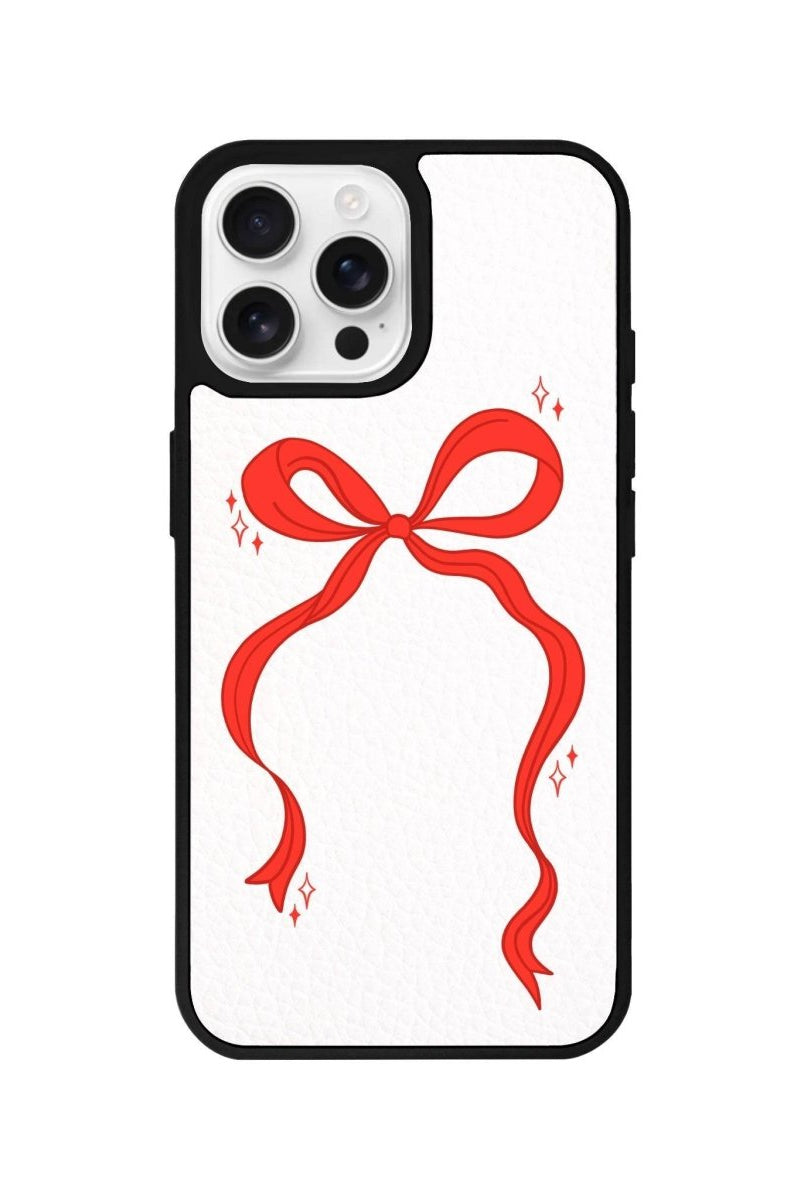 iPhone 16 Pro Red Bow Leather Vegan Deri Telefon Kılıfı Beyaz - SUMTHINCS