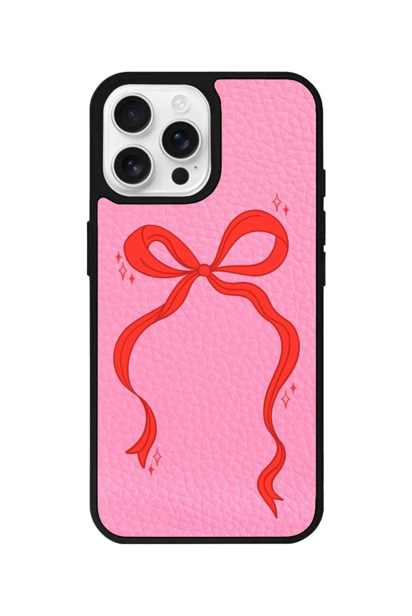 iPhone 16 Pro Red Bow Leather Vegan Deri Telefon Kılıfı Pembe - SUMTHINCS