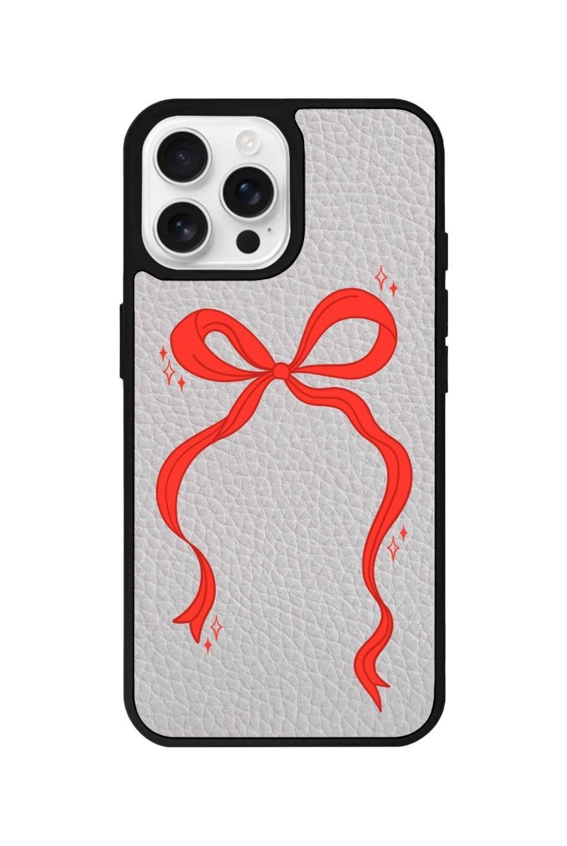 iPhone 16 Pro Red Bow Leather Vegan Deri Telefon Kılıfı Gri - SUMTHINCS