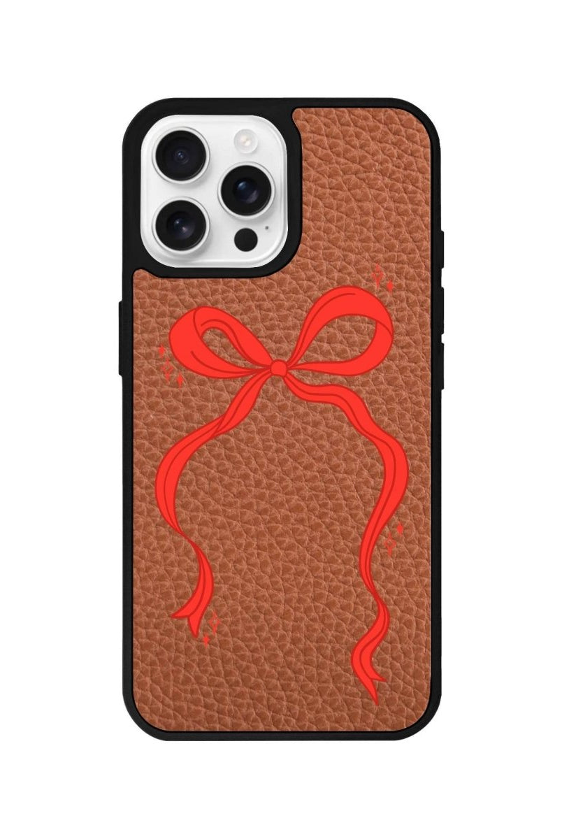iPhone 16 Pro Red Bow Leather Vegan Deri Telefon Kılıfı Kahverengi - SUMTHINCS
