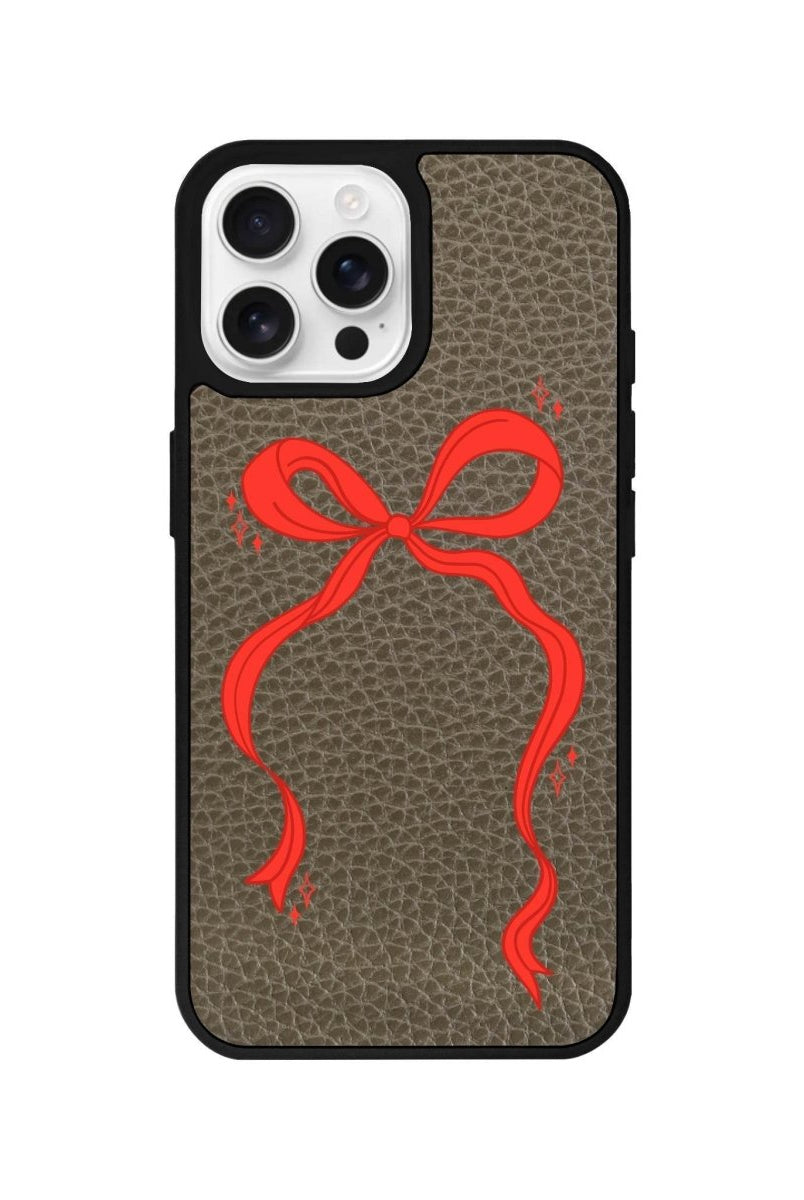 iPhone 16 Pro Red Bow Leather Vegan Deri Telefon Kılıfı Haki - SUMTHINCS