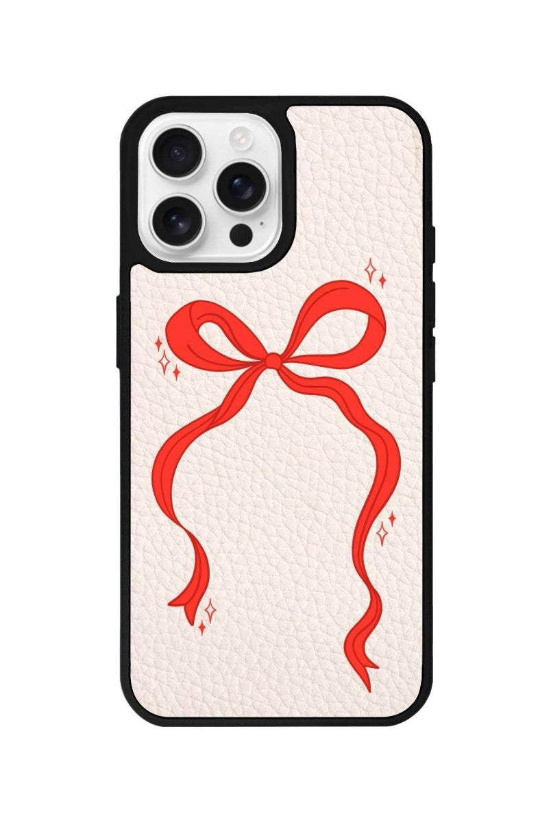 iPhone 16 Pro Red Bow Leather Vegan Deri Telefon Kılıfı Bej - SUMTHINCS