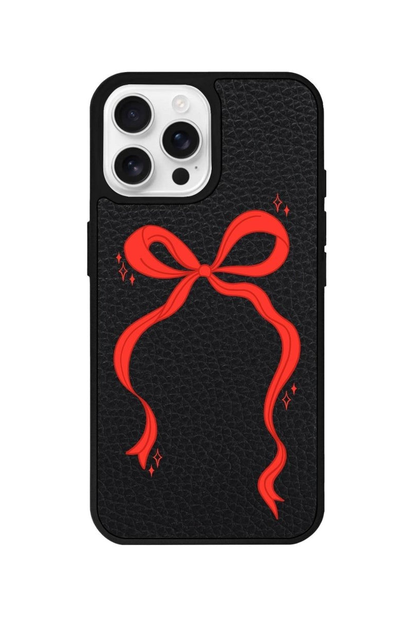 iPhone 16 Pro Red Bow Leather Vegan Deri Telefon Kılıfı Siyah - SUMTHINCS