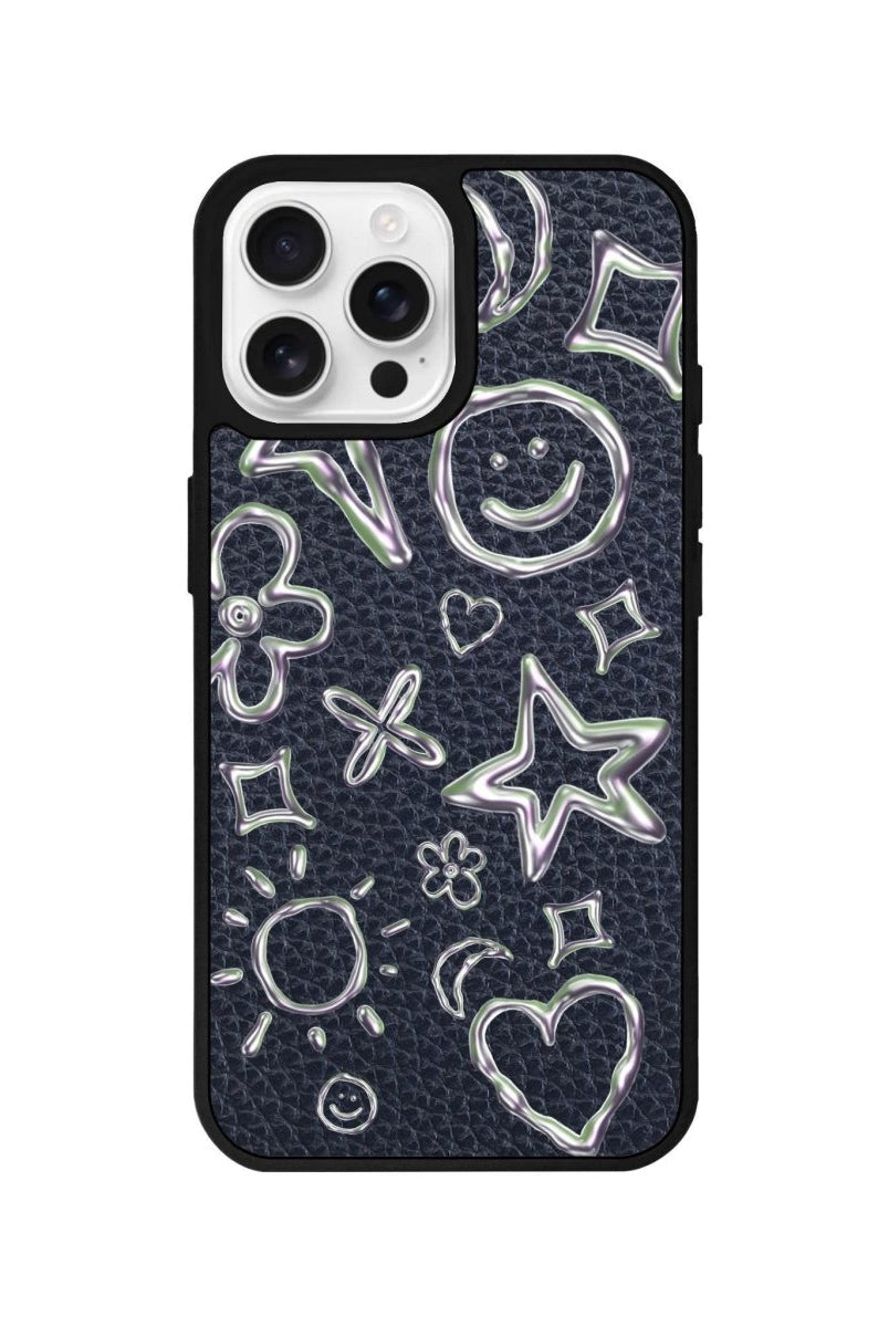 iPhone 16 Pro Silver Doodles Leather Vegan Deri Telefon Kılıfı Pasifik Mavi - SUMTHINCS