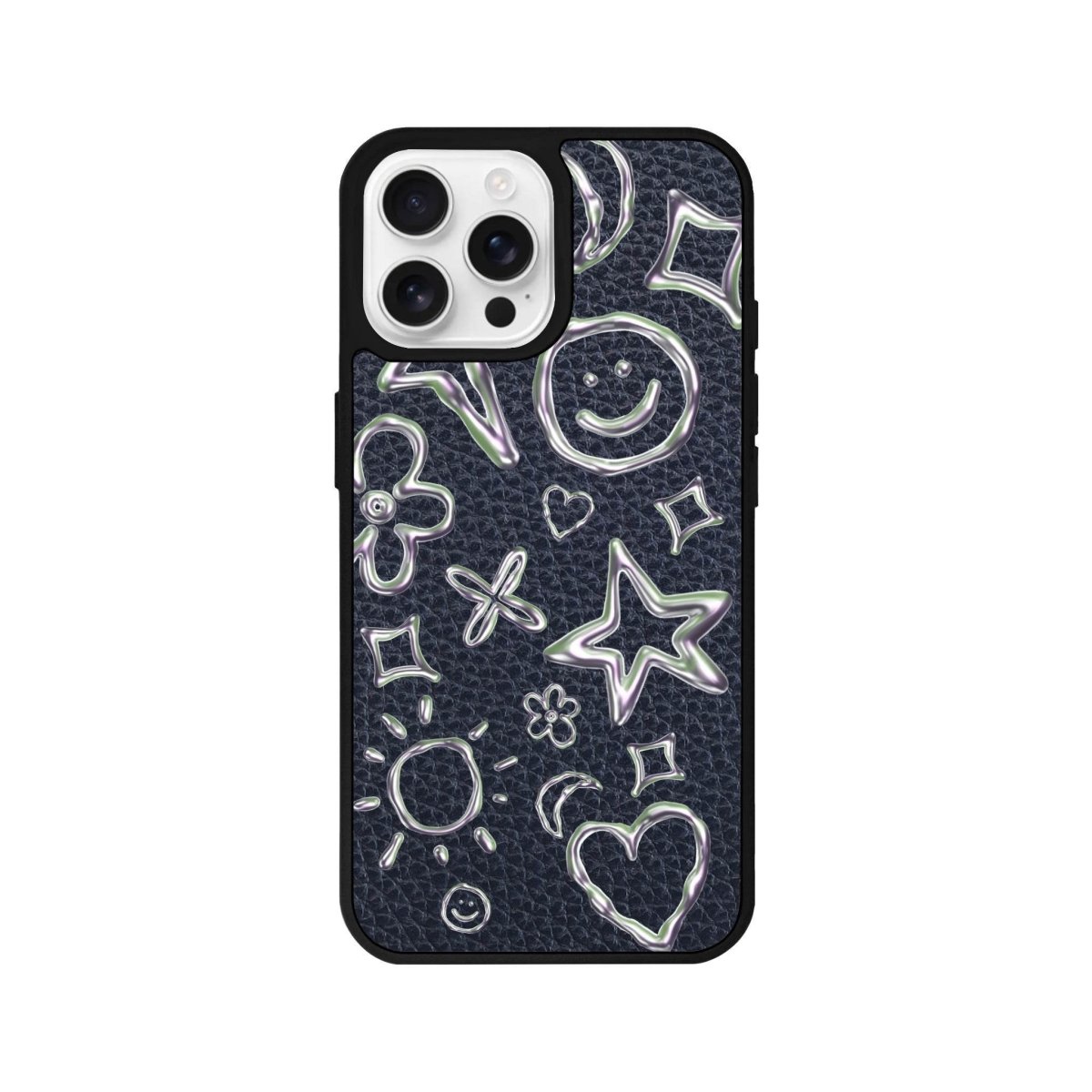 iPhone 16 Pro Silver Doodles Leather Vegan Deri Telefon Kılıfı Pasifik Mavi - SUMTHINCS