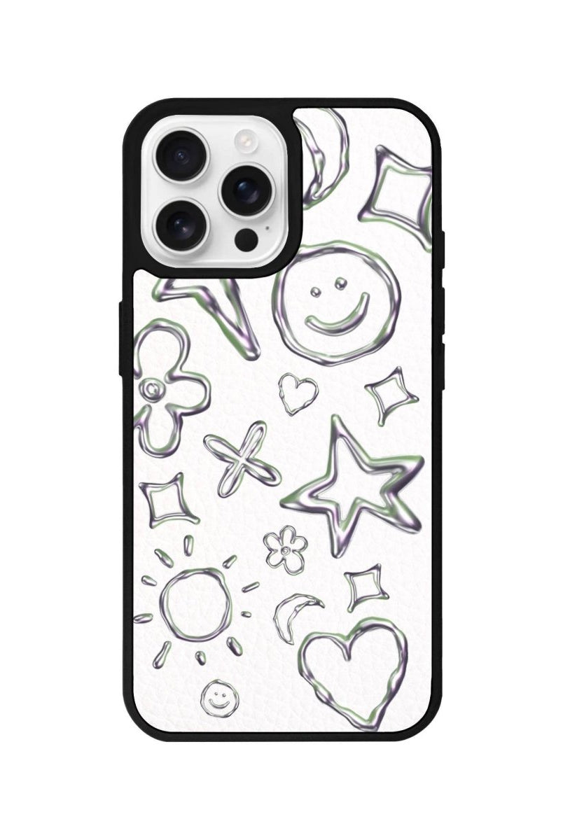 iPhone 16 Pro Silver Doodles Leather Vegan Deri Telefon Kılıfı Beyaz - SUMTHINCS