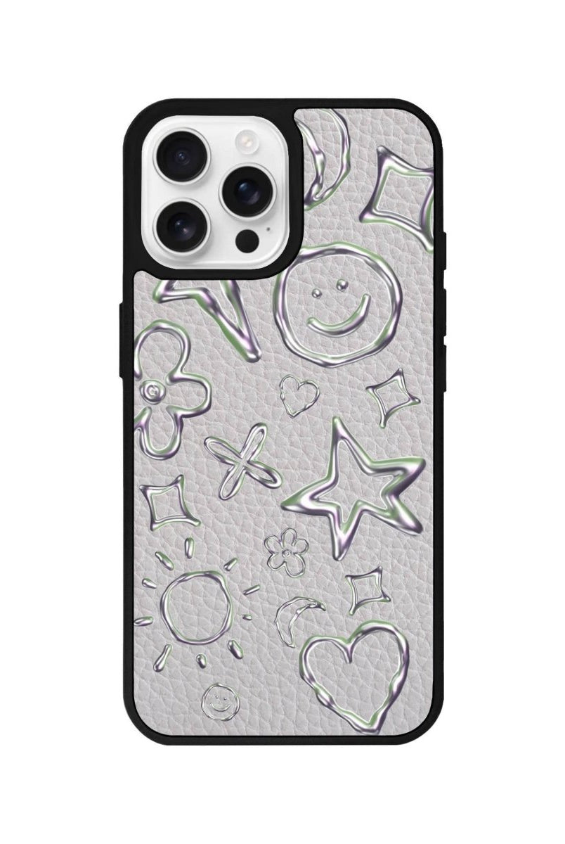 iPhone 16 Pro Silver Doodles Leather Vegan Deri Telefon Kılıfı Gri - SUMTHINCS