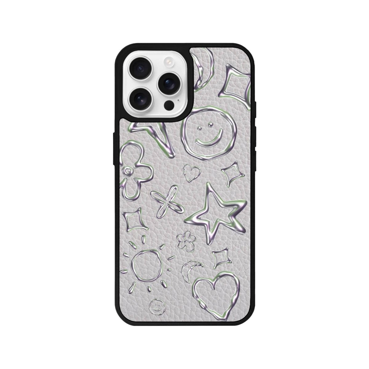 iPhone 16 Pro Silver Doodles Leather Vegan Deri Telefon Kılıfı Gri - SUMTHINCS