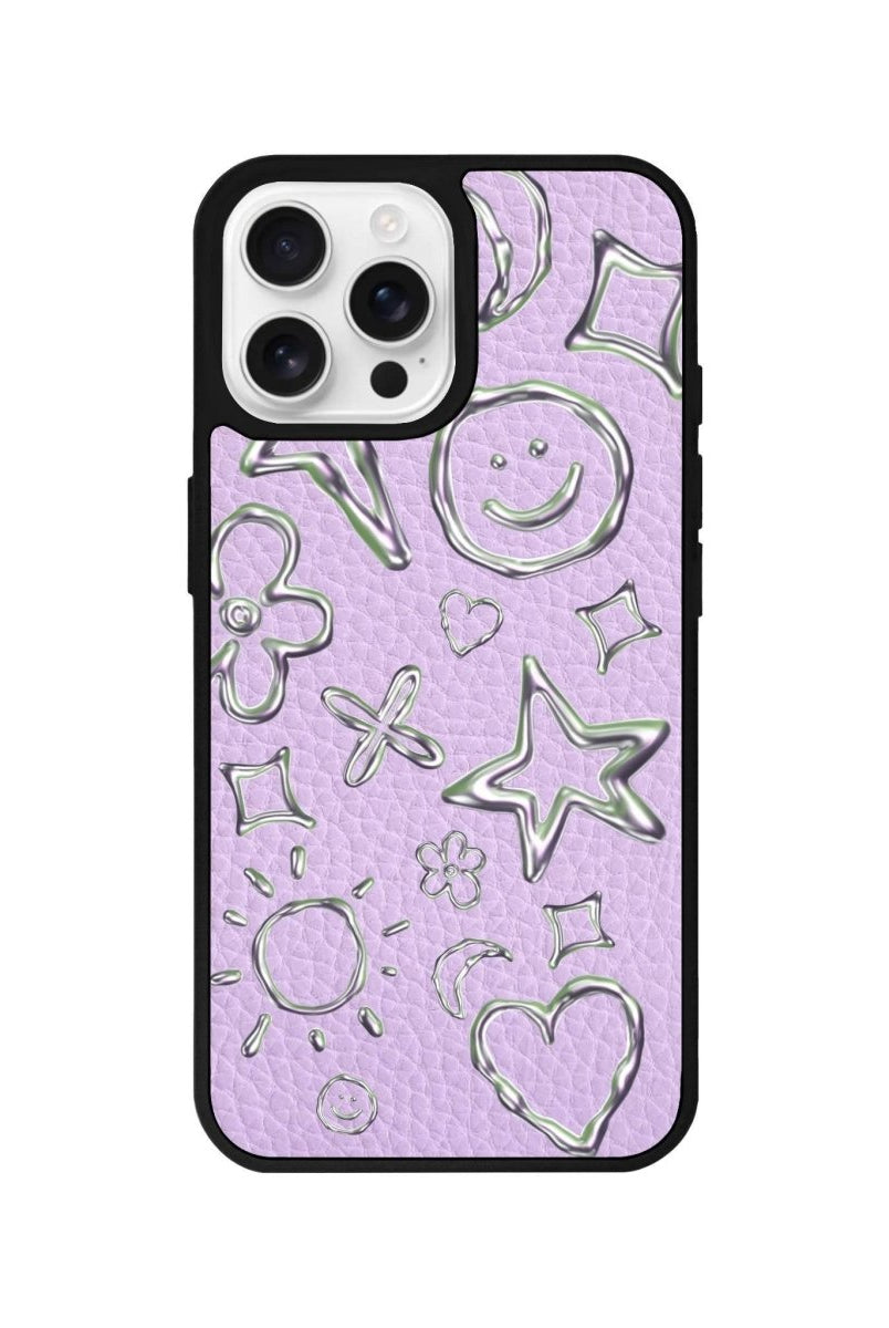 iPhone 16 Pro Silver Doodles Leather Vegan Deri Telefon Kılıfı Lila - SUMTHINCS