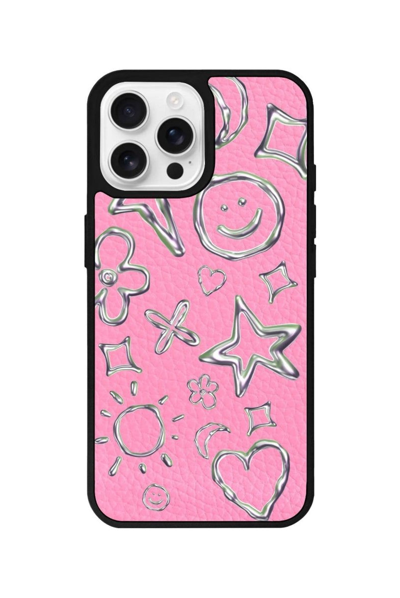 iPhone 16 Pro Silver Doodles Leather Vegan Deri Telefon Kılıfı Pembe - SUMTHINCS
