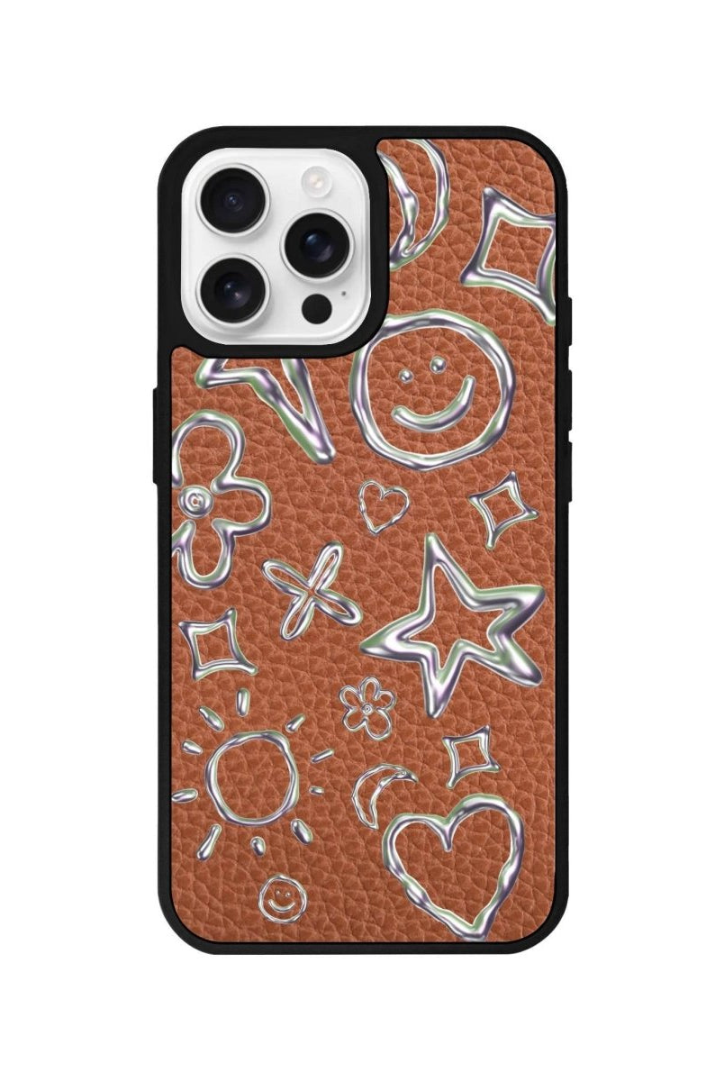 iPhone 16 Pro Silver Doodles Leather Vegan Deri Telefon Kılıfı Kahverengi - SUMTHINCS
