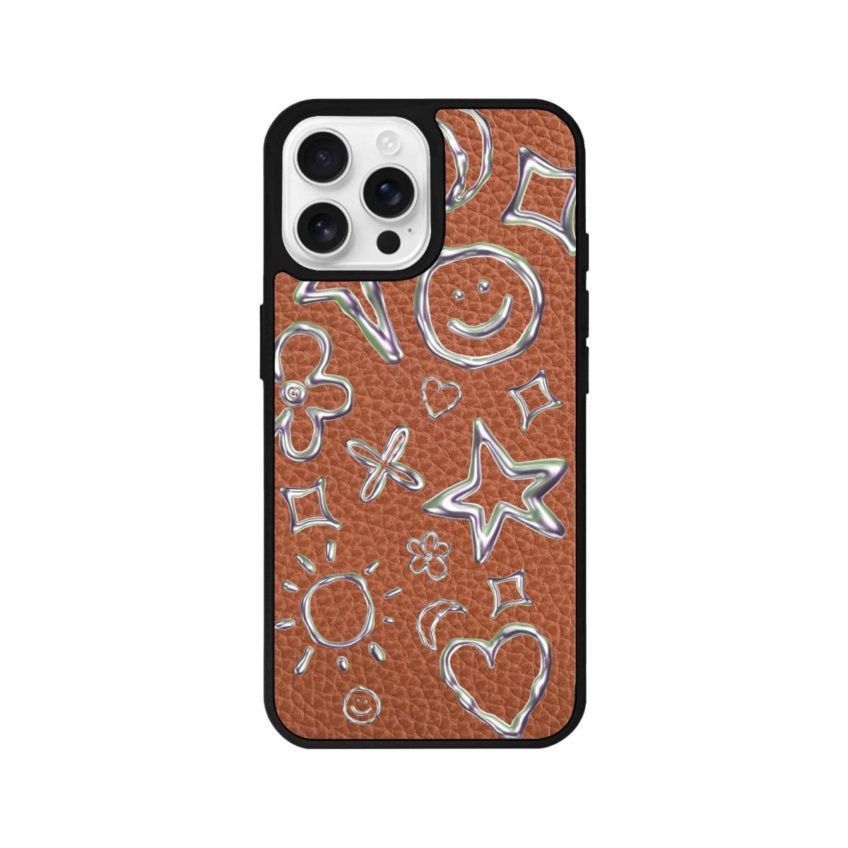 iPhone 16 Pro Silver Doodles Leather Vegan Deri Telefon Kılıfı Kahverengi - SUMTHINCS