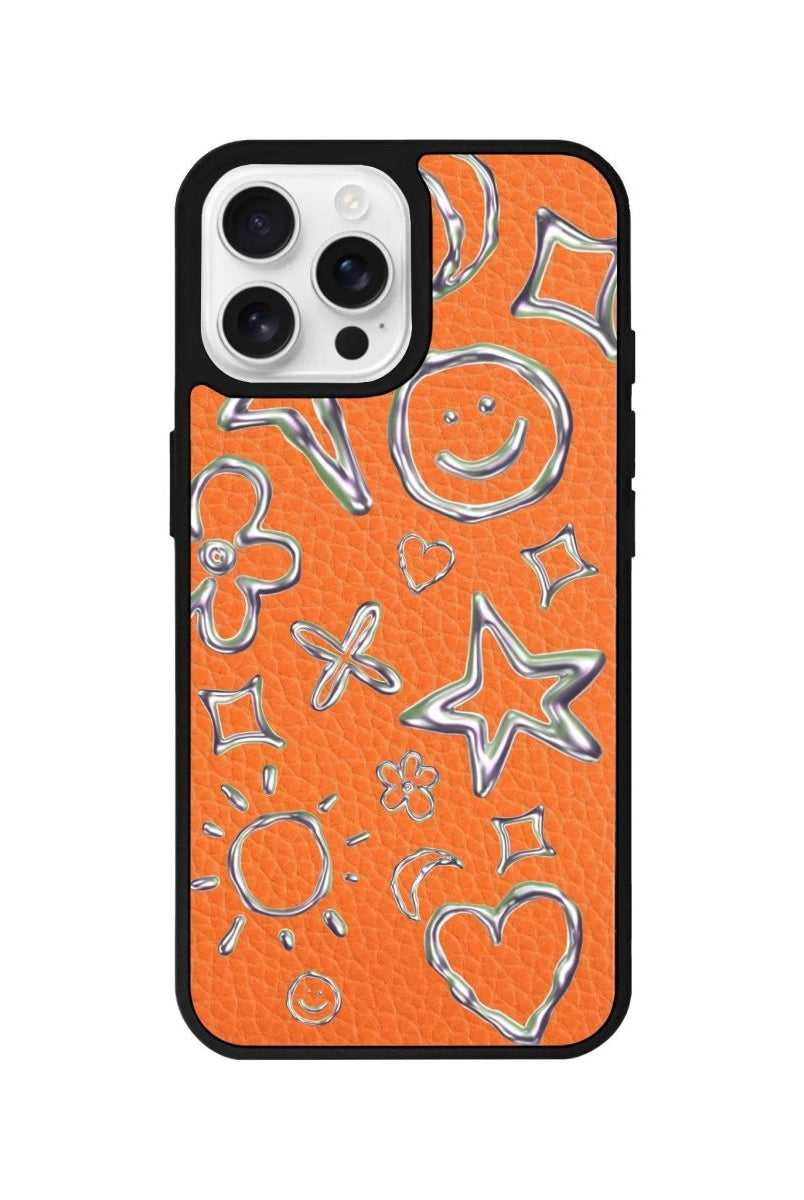 iPhone 16 Pro Silver Doodles Leather Vegan Deri Telefon Kılıfı Turuncu - SUMTHINCS