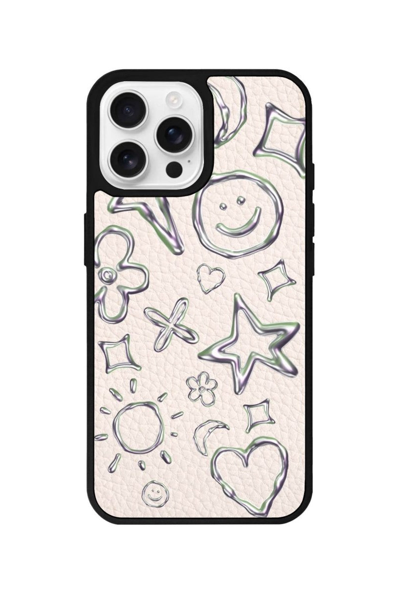iPhone 16 Pro Silver Doodles Leather Vegan Deri Telefon Kılıfı Bej - SUMTHINCS