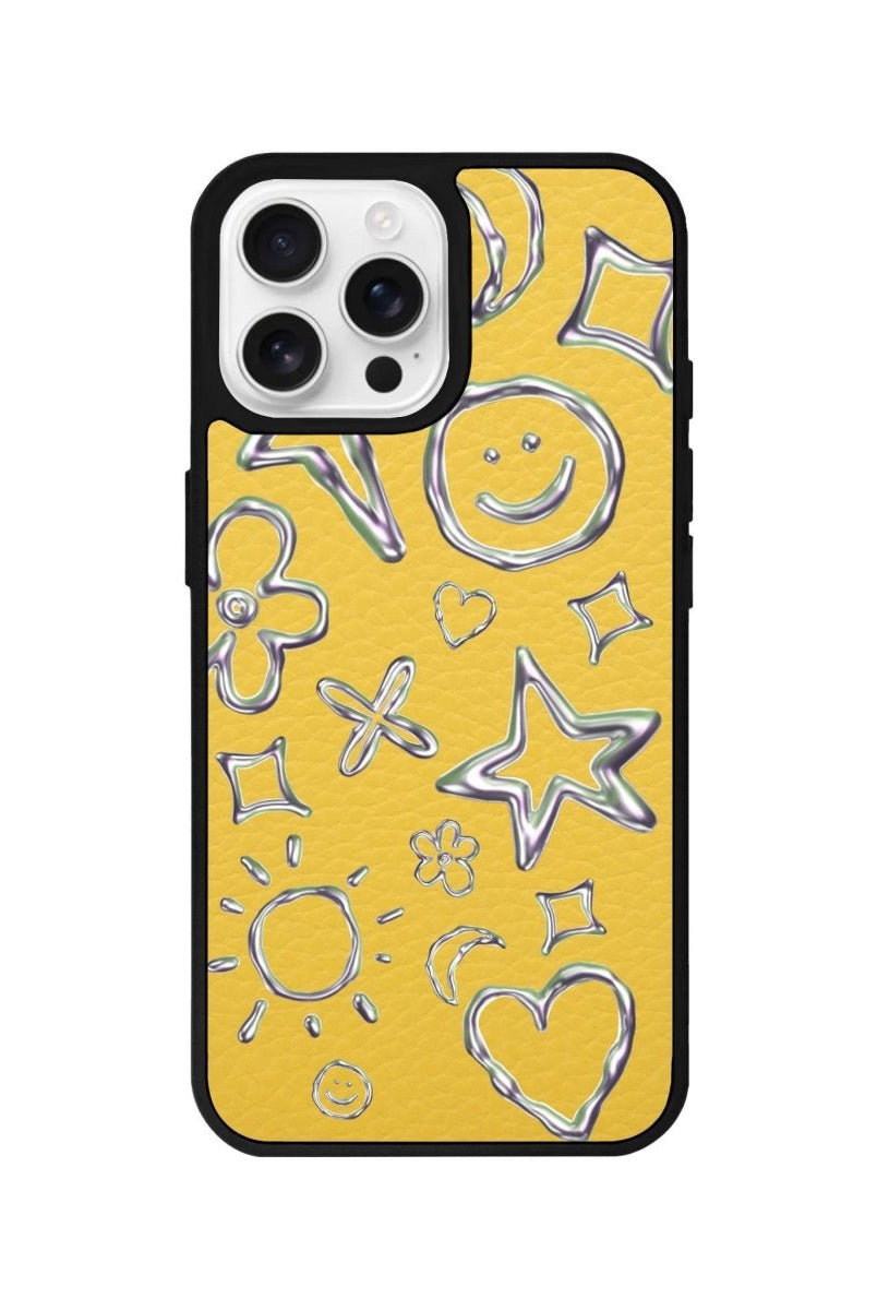 iPhone 16 Pro Silver Doodles Leather Vegan Deri Telefon Kılıfı Sarı - SUMTHINCS