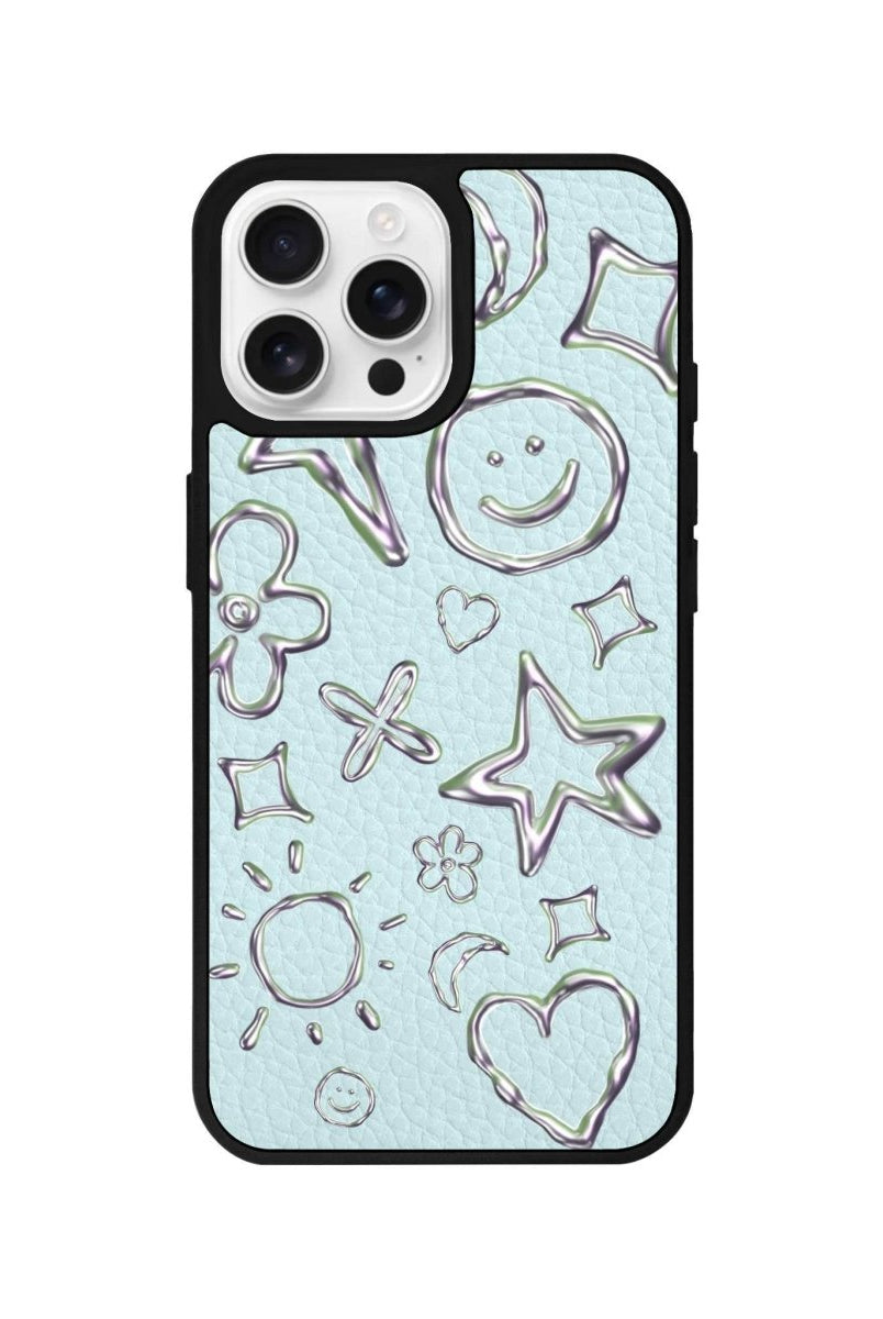iPhone 16 Pro Silver Doodles Leather Vegan Deri Telefon Kılıfı Açık Mavi - SUMTHINCS