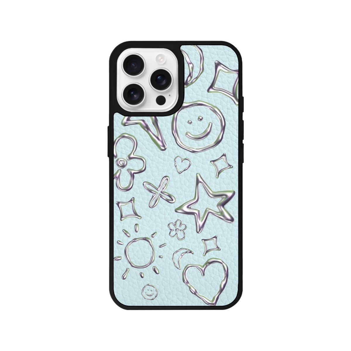 iPhone 16 Pro Silver Doodles Leather Vegan Deri Telefon Kılıfı Açık Mavi - SUMTHINCS