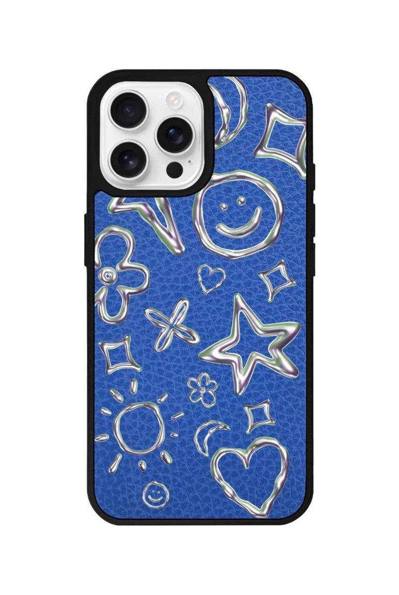 iPhone 16 Pro Silver Doodles Leather Vegan Deri Telefon Kılıfı Mavi - SUMTHINCS