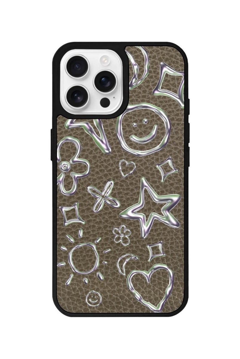 iPhone 16 Pro Silver Doodles Leather Vegan Deri Telefon Kılıfı Haki - SUMTHINCS