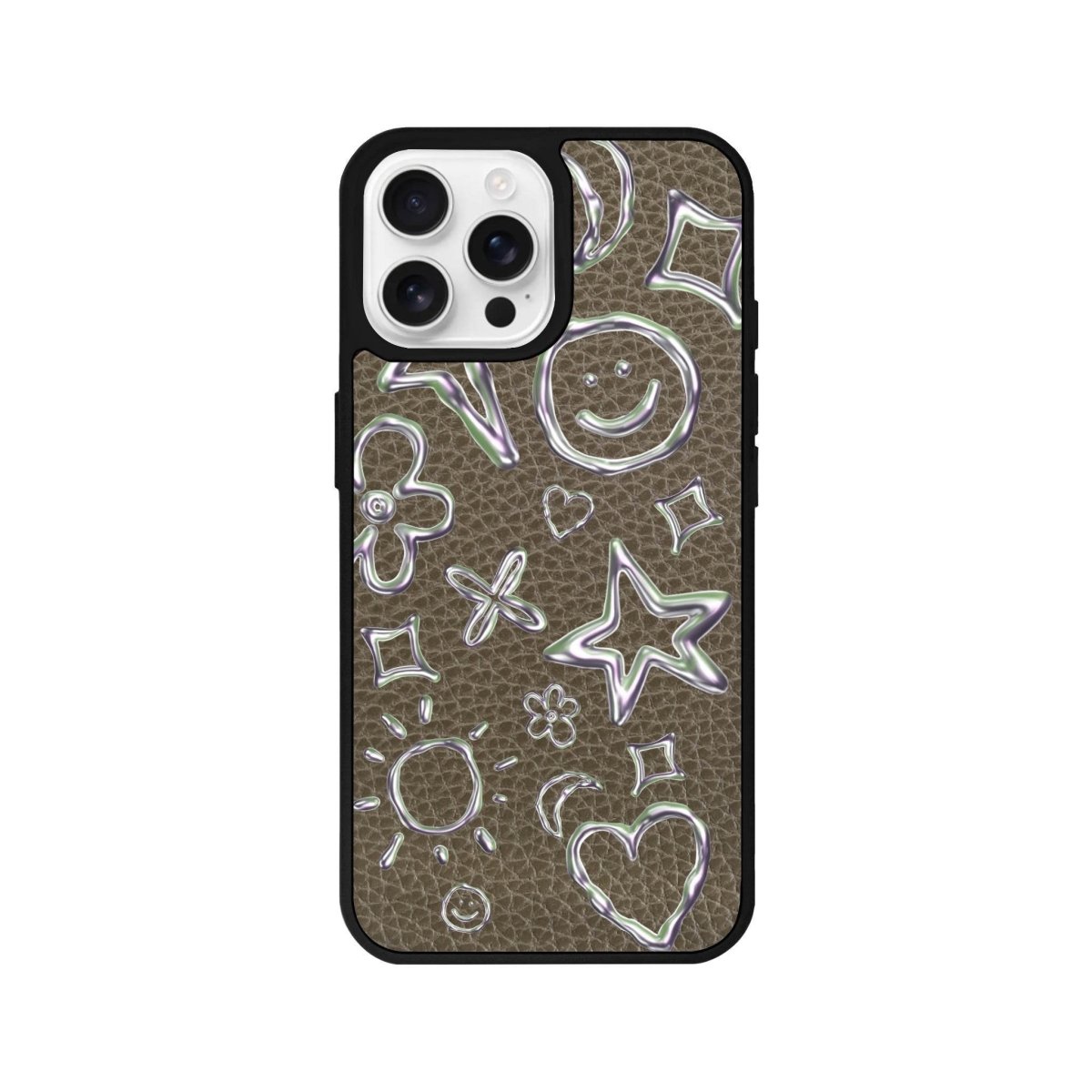 iPhone 16 Pro Silver Doodles Leather Vegan Deri Telefon Kılıfı Haki - SUMTHINCS