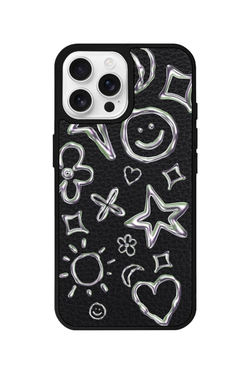 iPhone 16 Pro Silver Doodles Leather Vegan Deri Telefon Kılıfı Siyah - SUMTHINCS