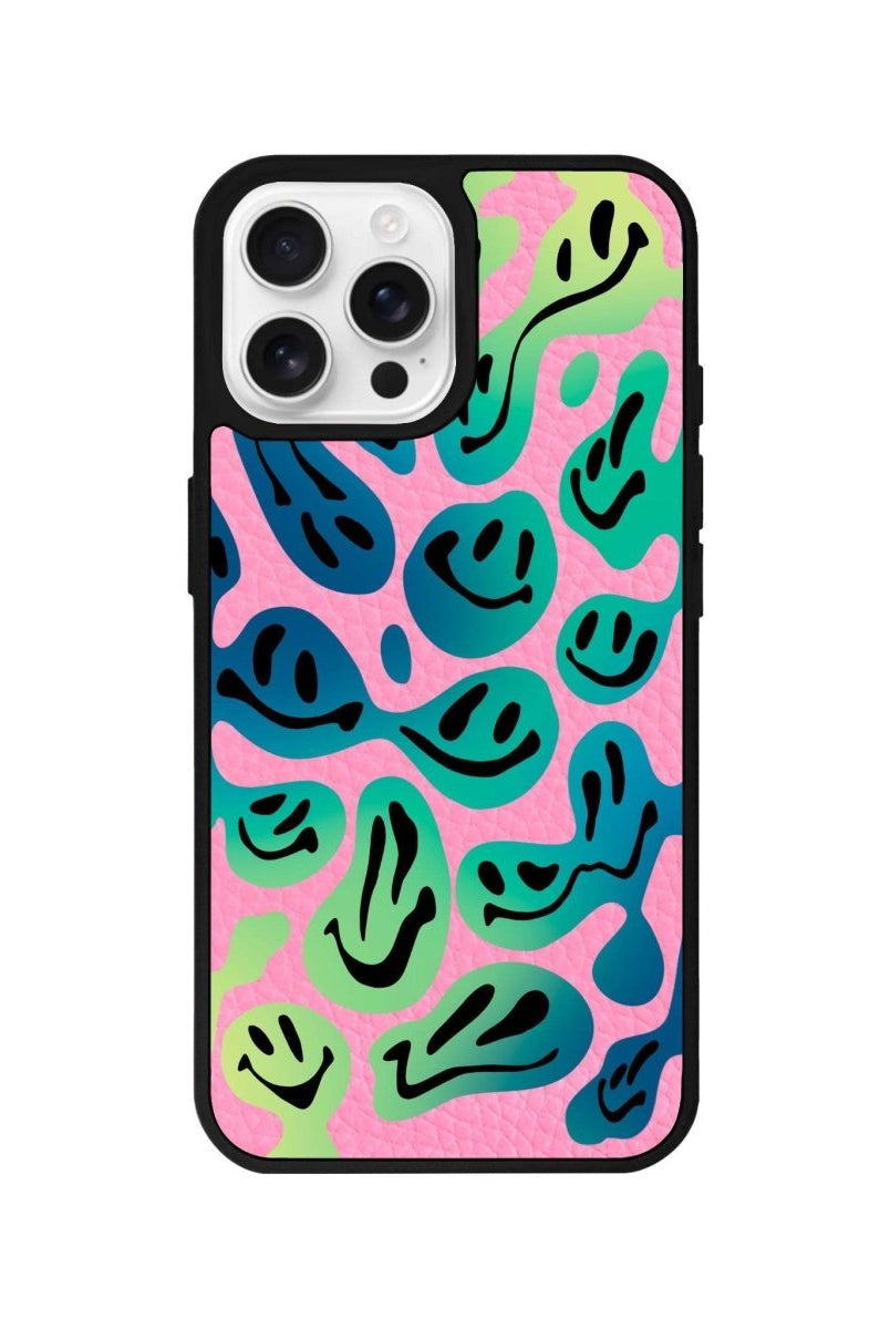 iPhone 16 Pro Smiley Leather Vegan Deri Telefon Kılıfı Pembe - SUMTHINCS