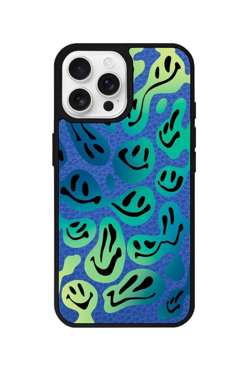 iPhone 16 Pro Smiley Leather Vegan Deri Telefon Kılıfı Mavi - SUMTHINCS