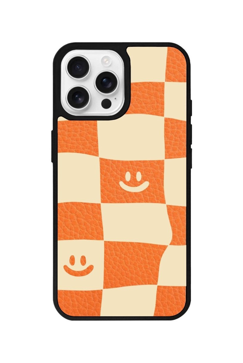 iPhone 16 Pro Smiling Check Leather Vegan Deri Telefon Kılıfı Turuncu - SUMTHINCS