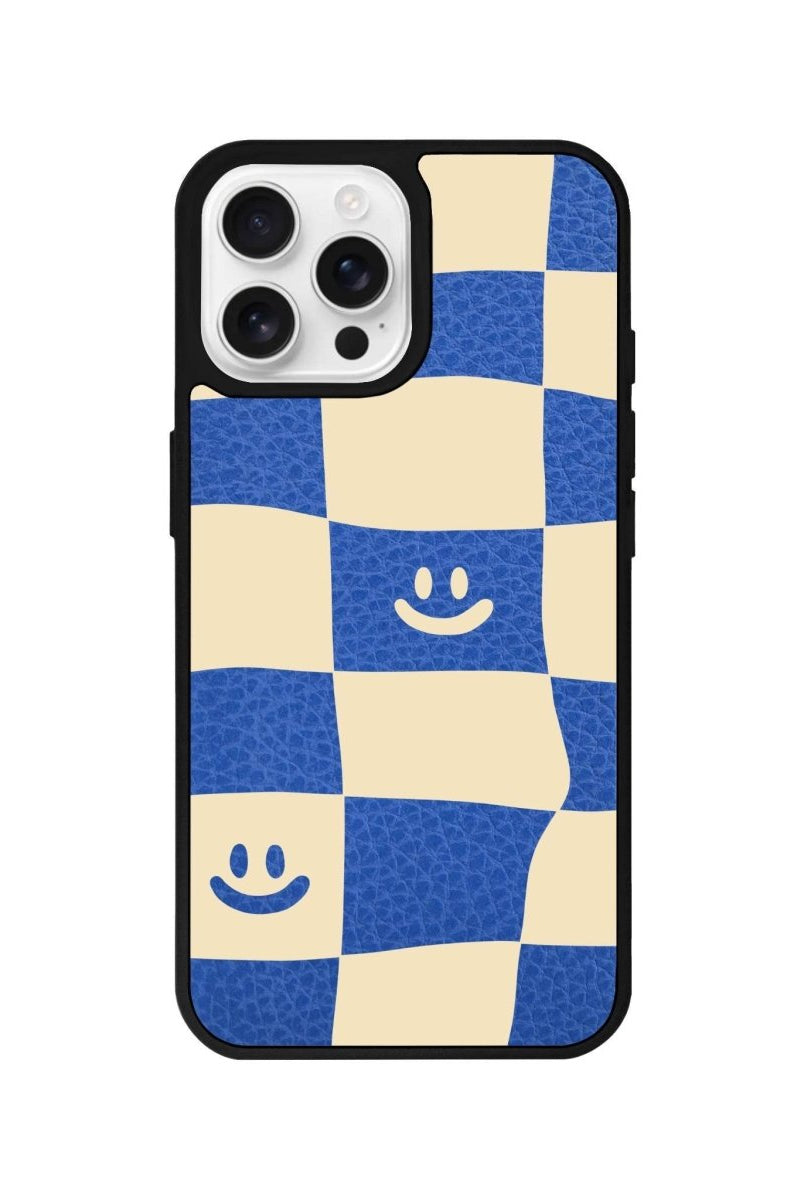 iPhone 16 Pro Smiling Check Leather Vegan Deri Telefon Kılıfı Mavi - SUMTHINCS