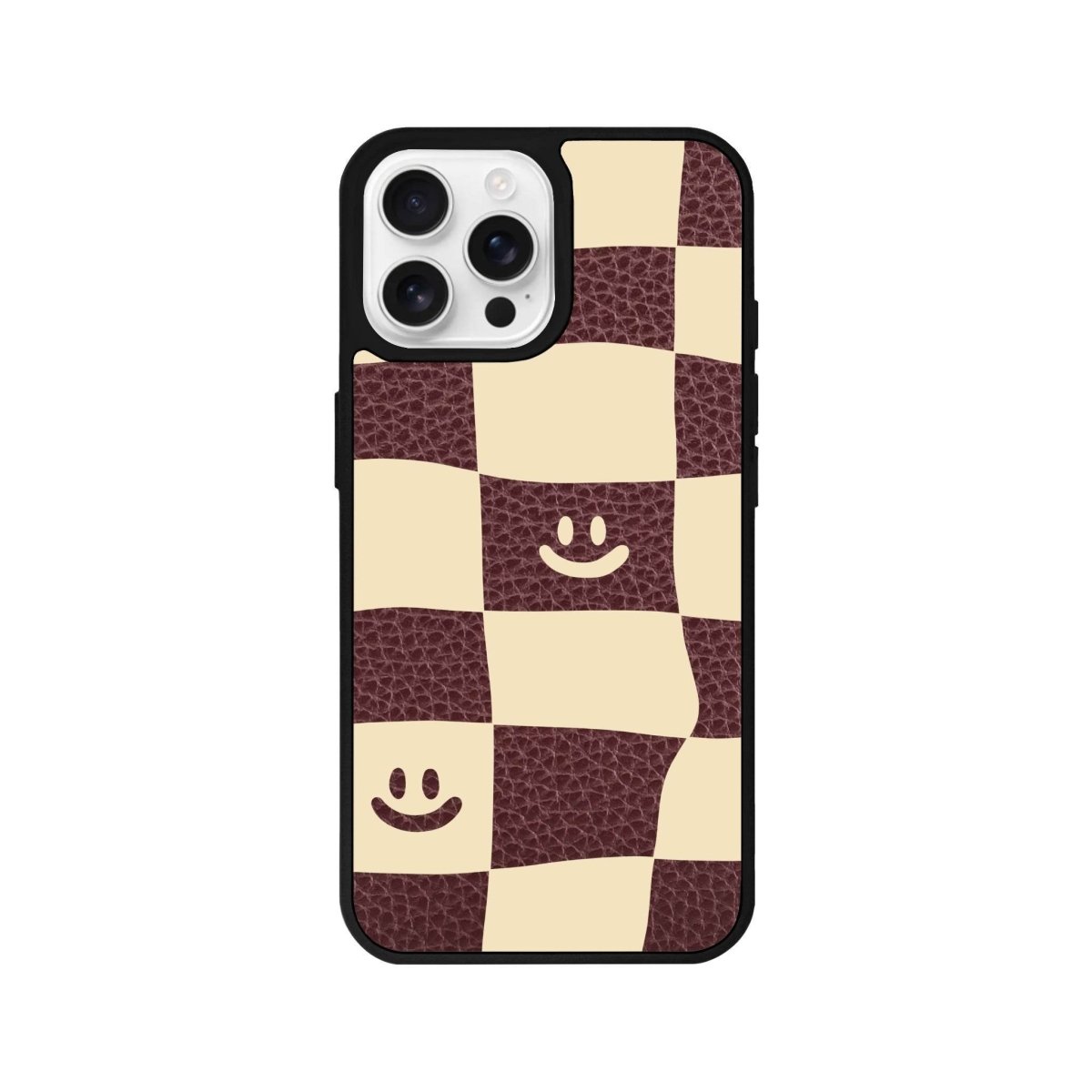 iPhone 16 Pro Smiling Check Leather Vegan Deri Telefon Kılıfı Bordo - SUMTHINCS