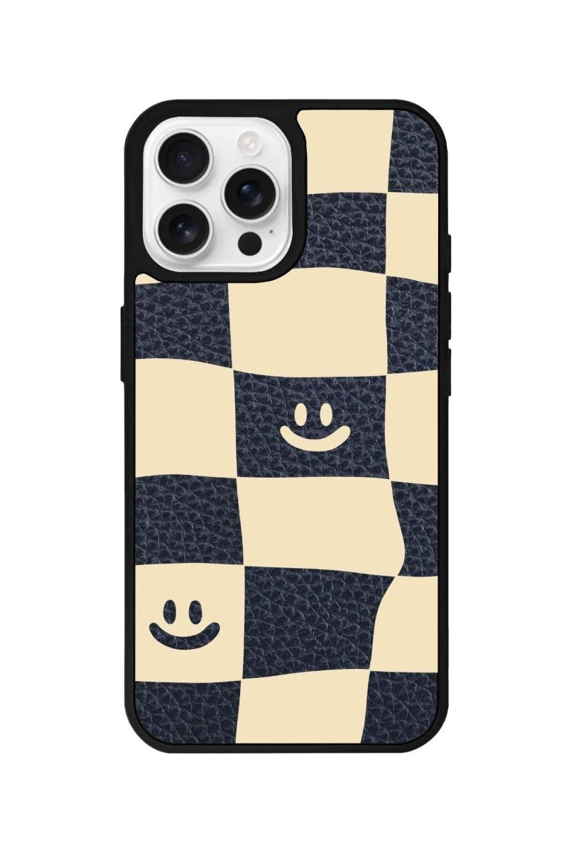 iPhone 16 Pro Smiling Check Leather Vegan Deri Telefon Kılıfı Pasifik Mavi - SUMTHINCS