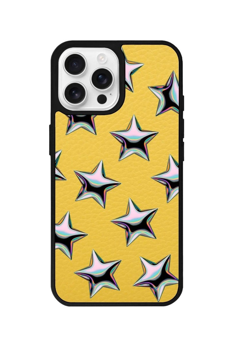 iPhone 16 Pro Stars Leather Vegan Deri Telefon Kılıfı Sarı - SUMTHINCS