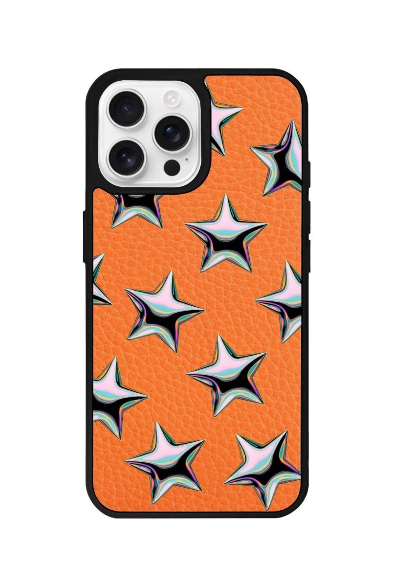iPhone 16 Pro Stars Leather Vegan Deri Telefon Kılıfı Turuncu - SUMTHINCS