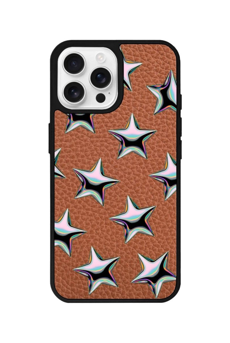 iPhone 16 Pro Stars Leather Vegan Deri Telefon Kılıfı Kahverengi - SUMTHINCS