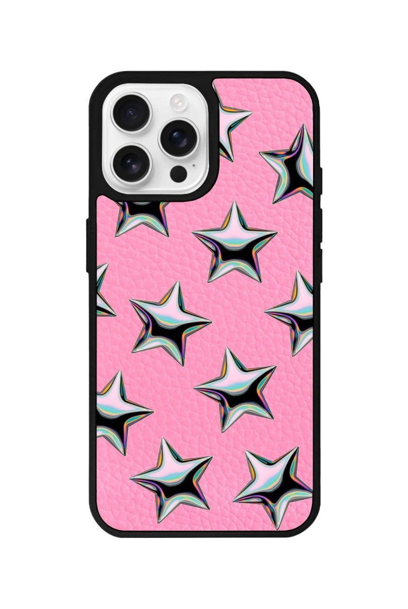 iPhone 16 Pro Stars Leather Vegan Deri Telefon Kılıfı Pembe - SUMTHINCS