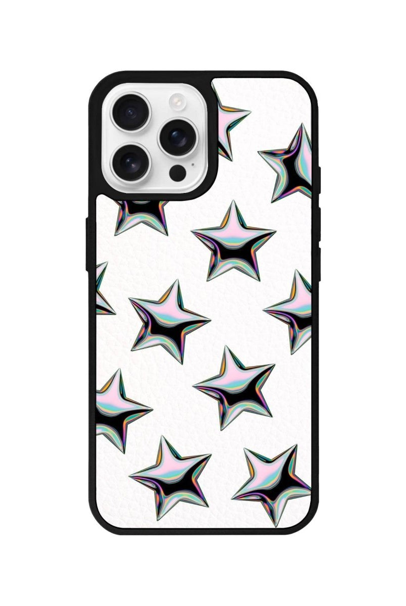 iPhone 16 Pro Stars Leather Vegan Deri Telefon Kılıfı Beyaz - SUMTHINCS
