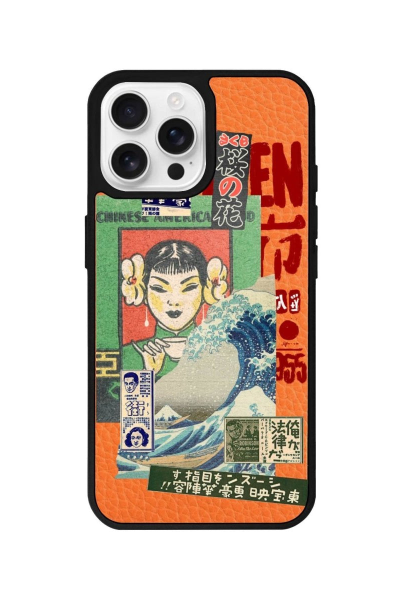 iPhone 16 Pro Vintage Poster Leather Vegan Deri Telefon Kılıfı Turuncu - SUMTHINCS